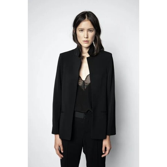 Zadig & Voltaire Size M Volly Crepe Blazer Open Front Black Longline Slim Cut - Picture 1 of 13